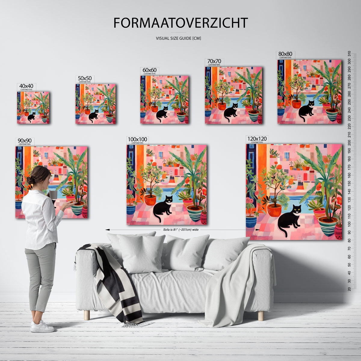 Kat tussen planten – vierkante muurposter voor keuken of eethoek