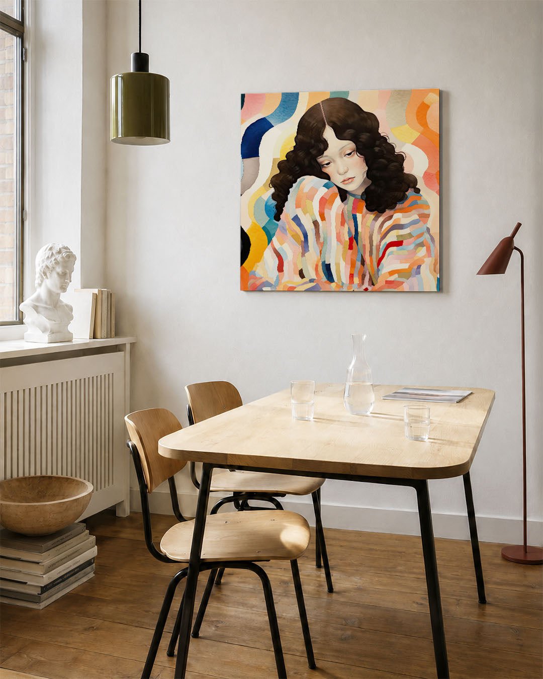 Golvende kleurenportret kunstwerk – vierkante wanddecoratie – dit werk toont een vrouw met golvend haar omringd door