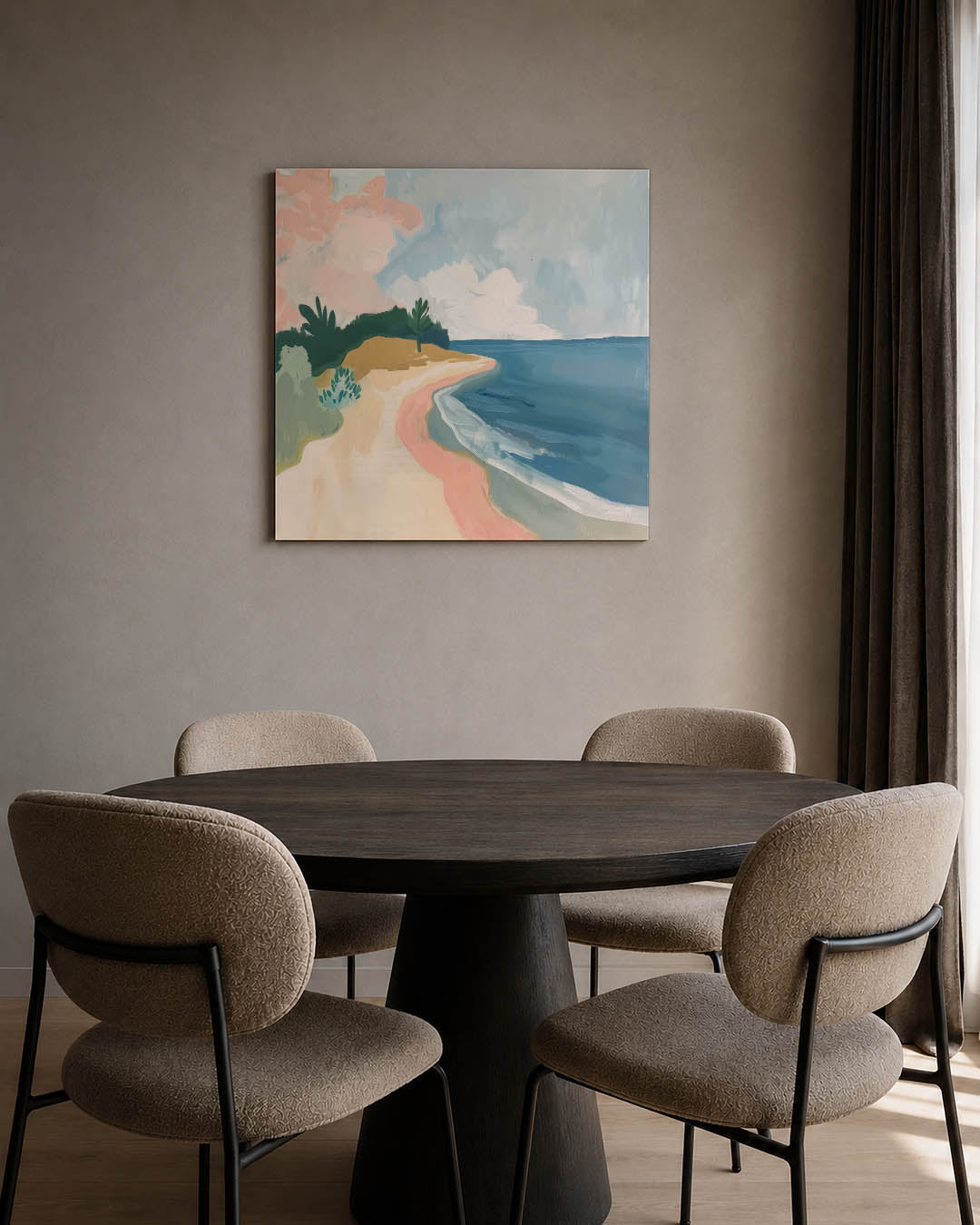 Kleurrijk strandlandschap kunstwerk – tweede productweergave – dit werk toont een serene kustlijn met zachte kleuren. De