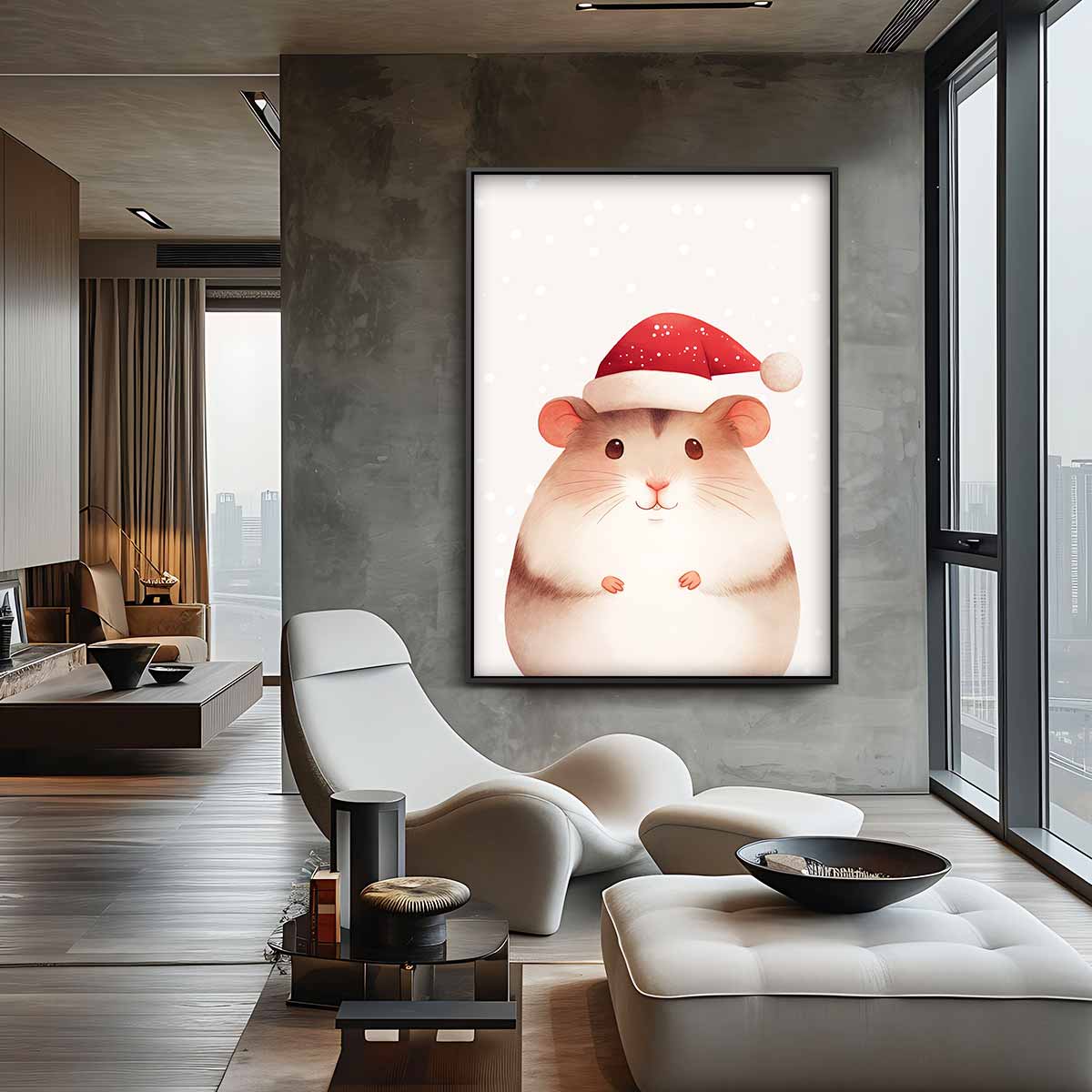 Kersthamster met Kerstmuts – canvas wanddecoratie in portret formaat