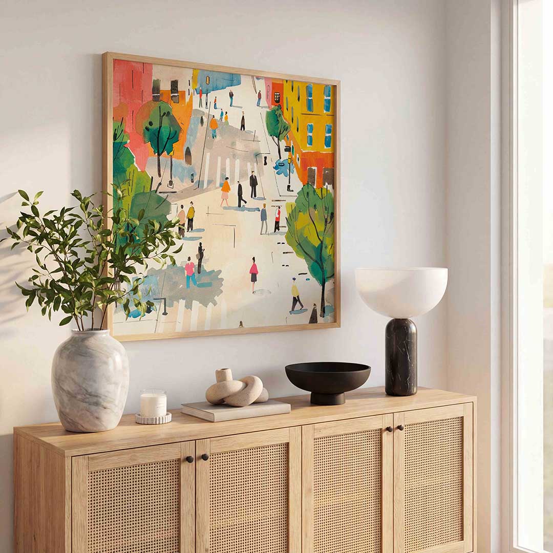 Straatscène met mensen – illustratie poster in vierkant formaat