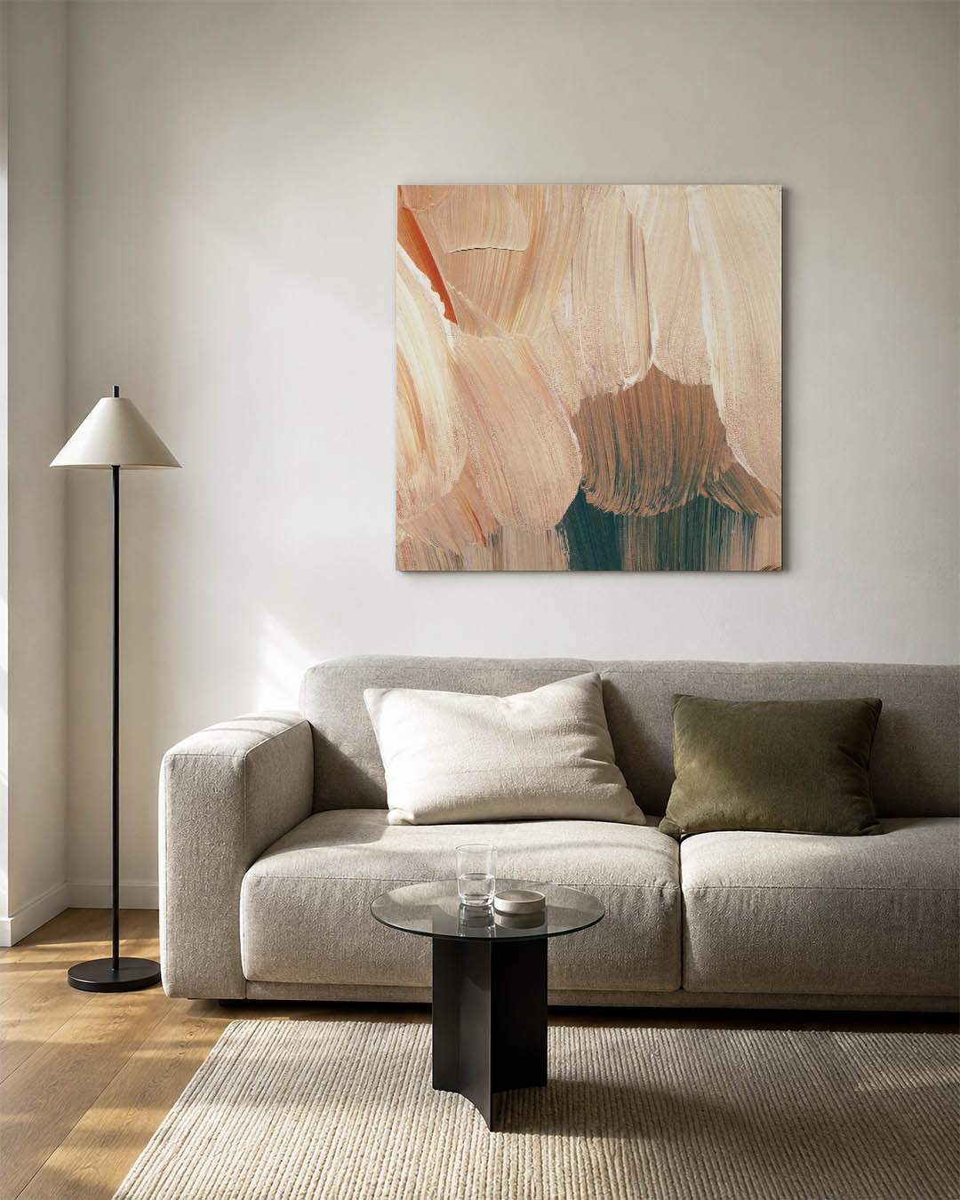 Penseelstreken kunstwerk – detailweergave – dit werk toont vloeiende penseelstreken in beige en bruin, met subtiele texturen