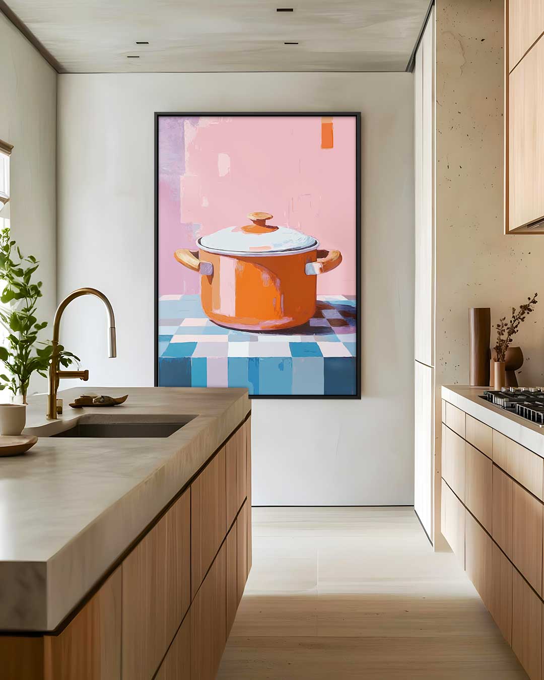 Warme Oranjetint Stoofpan Schilderij – staand kunstwerk voor modern interieur