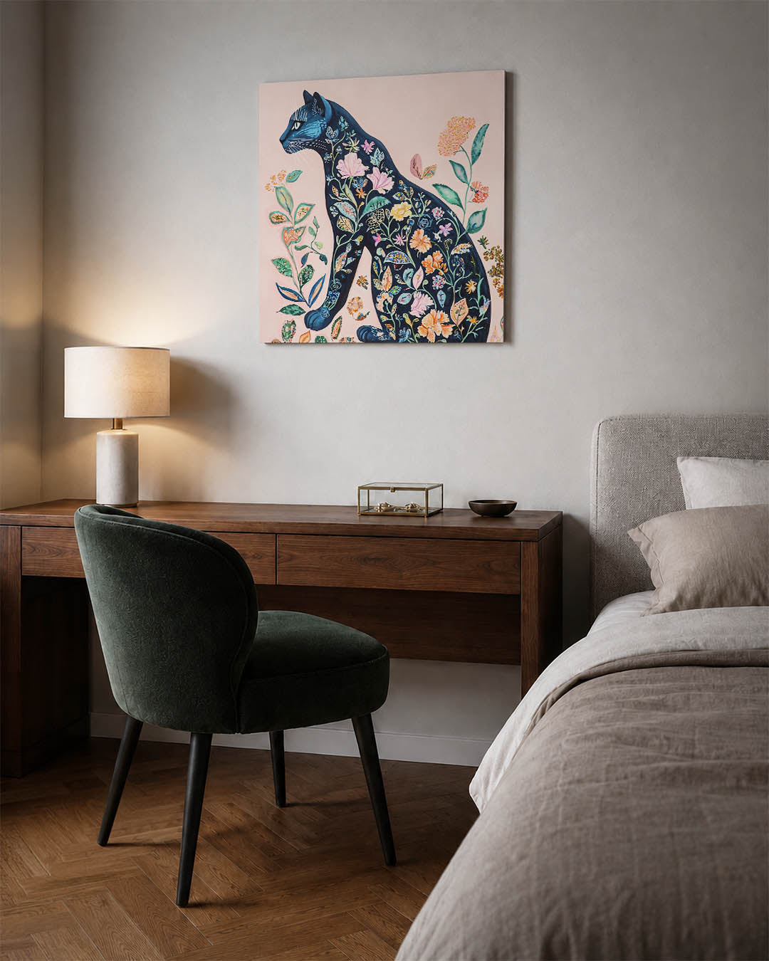 Bloemenkat kunstwerk – materiaalweergave – dit werk toont een silhouet van een kat gevuld met kleurrijke bloemen en bladeren