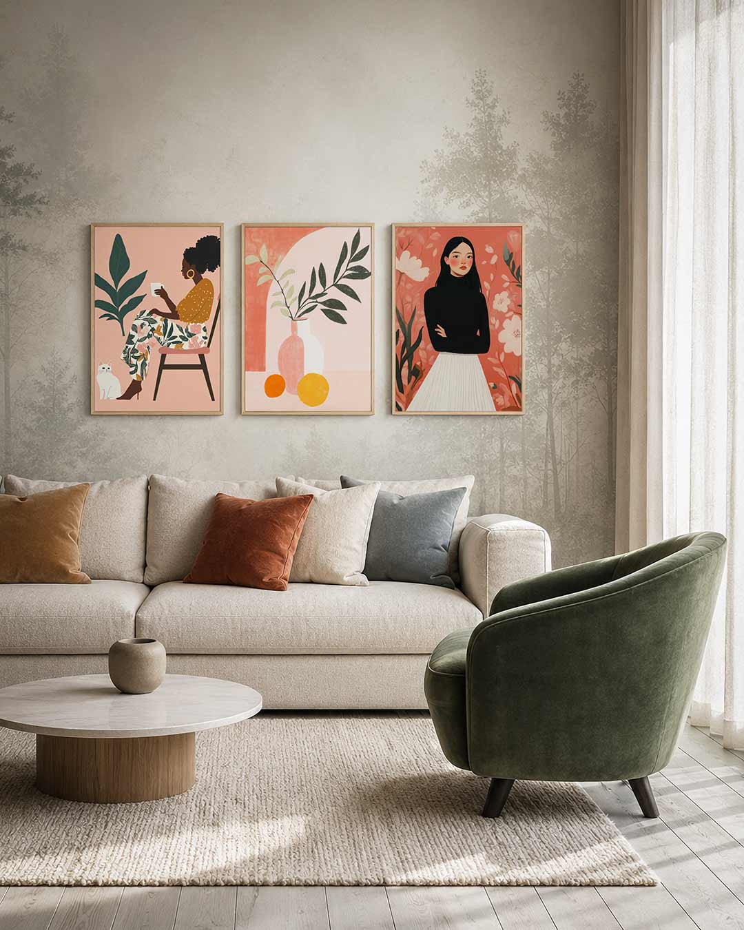 Kleurrijke rust driedelige posterset – een vrouw zit ontspannen met een kopje, omringd door een