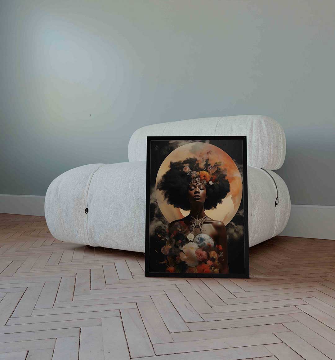 Vrouw met bloemen en maan – surrealistische wandkunst als portret poster