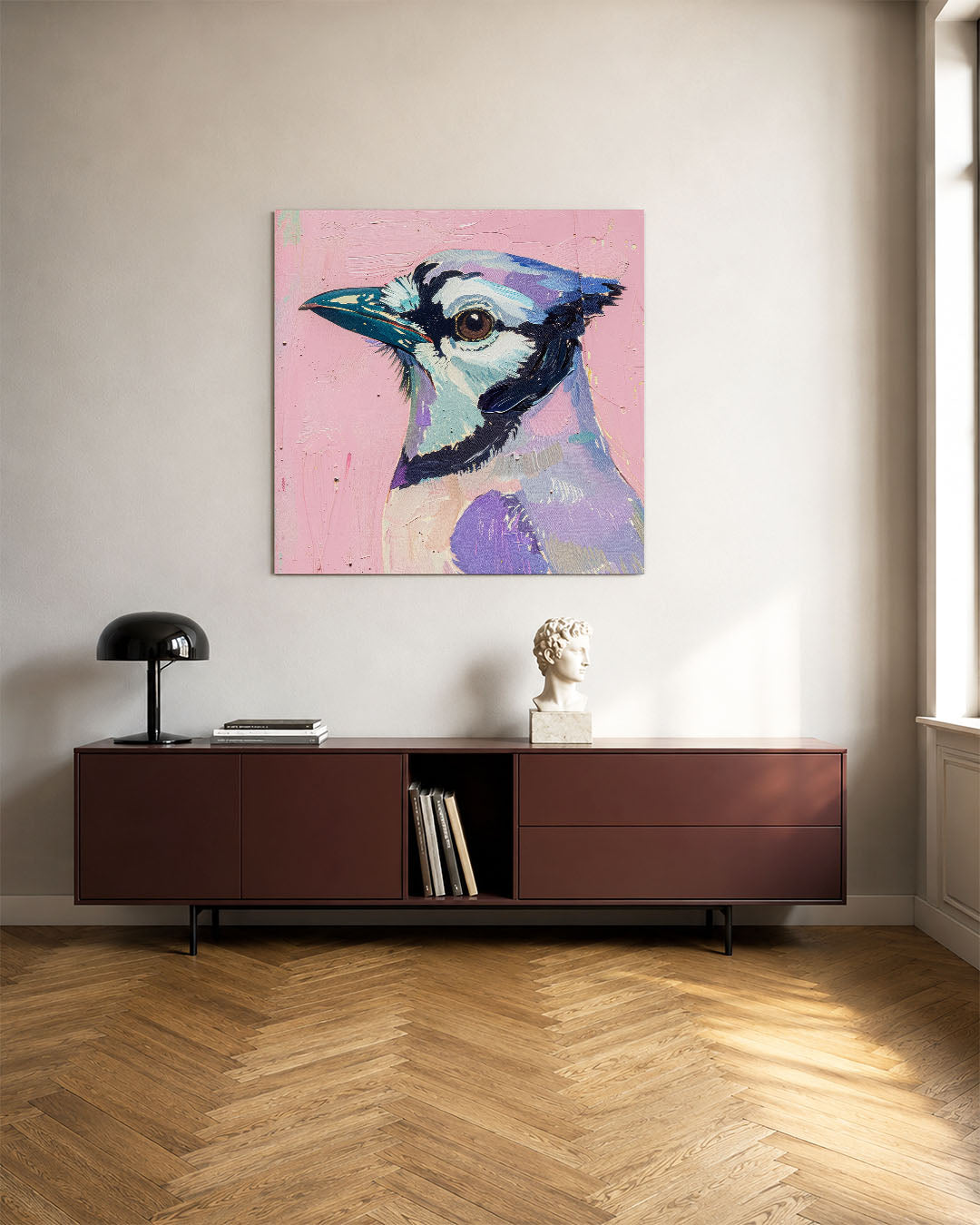 Vogelsilhouet op roze kunstwerk – tweede productweergave – dit werk toont een vogel met gedetailleerde penseelstreken op een