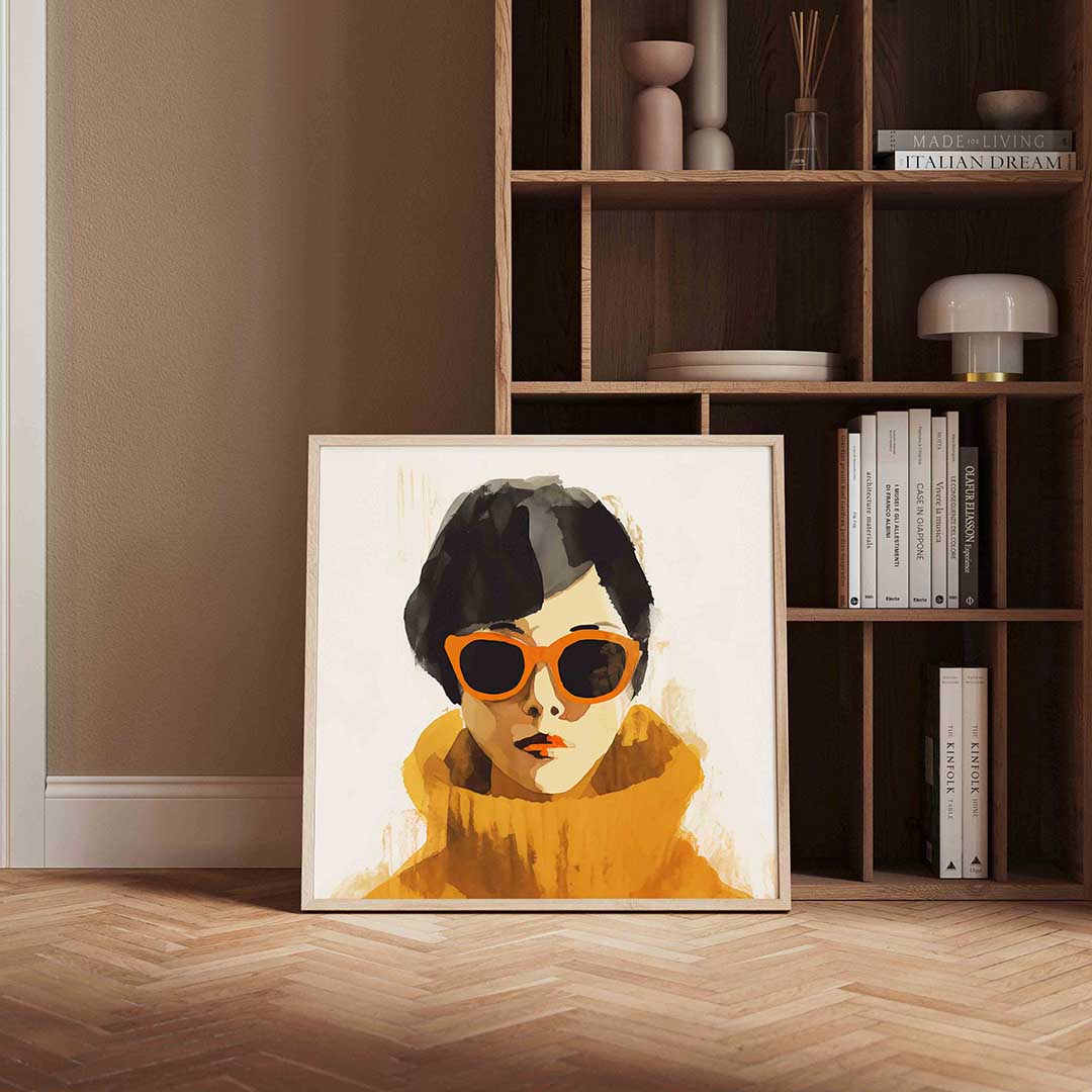 Vrouw met oranje zonnebril – portret poster in vierkant formaat