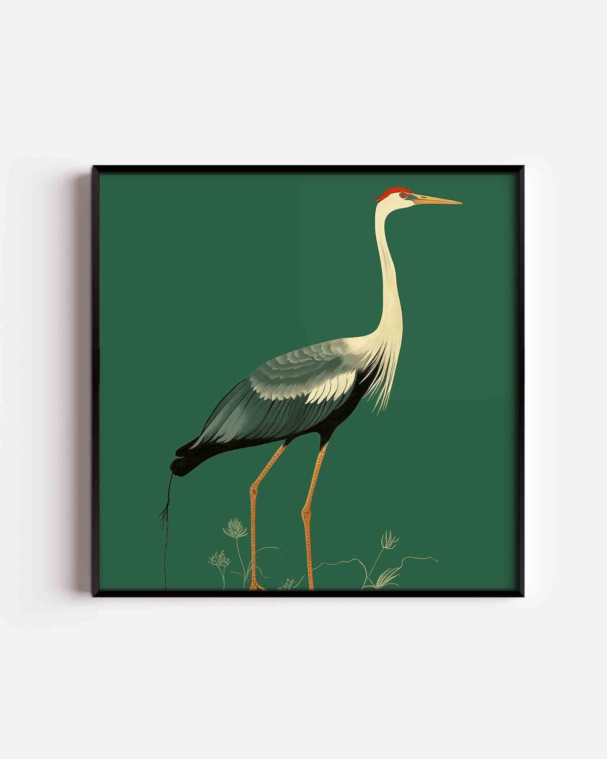 Kraanvogel op groene achtergrond – vierkante dierenposter als wanddecoratie