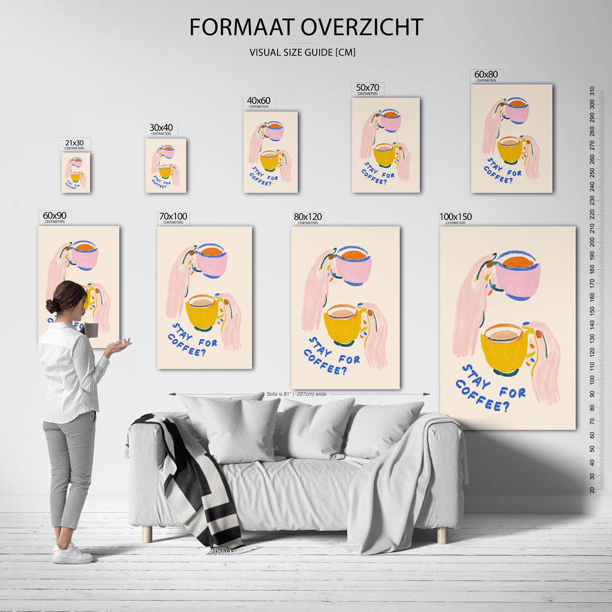 Kleurrijke koffiekopjes – staande muurposter voor keuken of eethoek