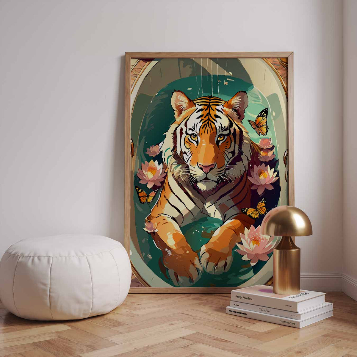Tijger in Lotusvijver – dieren poster in staand formaat