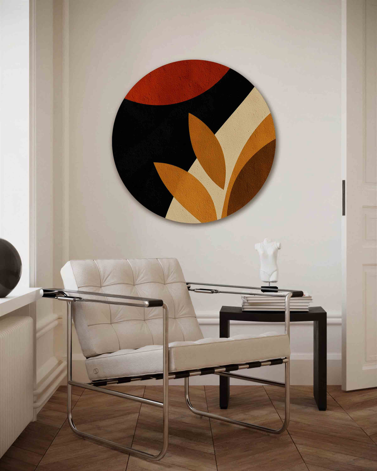 Bladeren en cirkel – abstracte muurcirkel als ronde wanddecoratie
