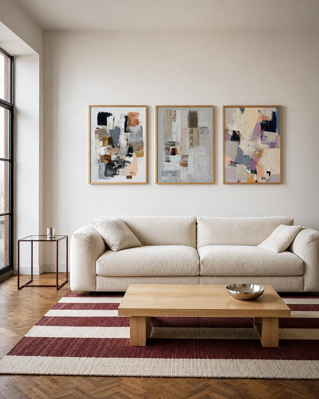 Kleurvlakken en textuur driedelige posterset – deze compositie toont een dynamisch spel van kleurvlakken