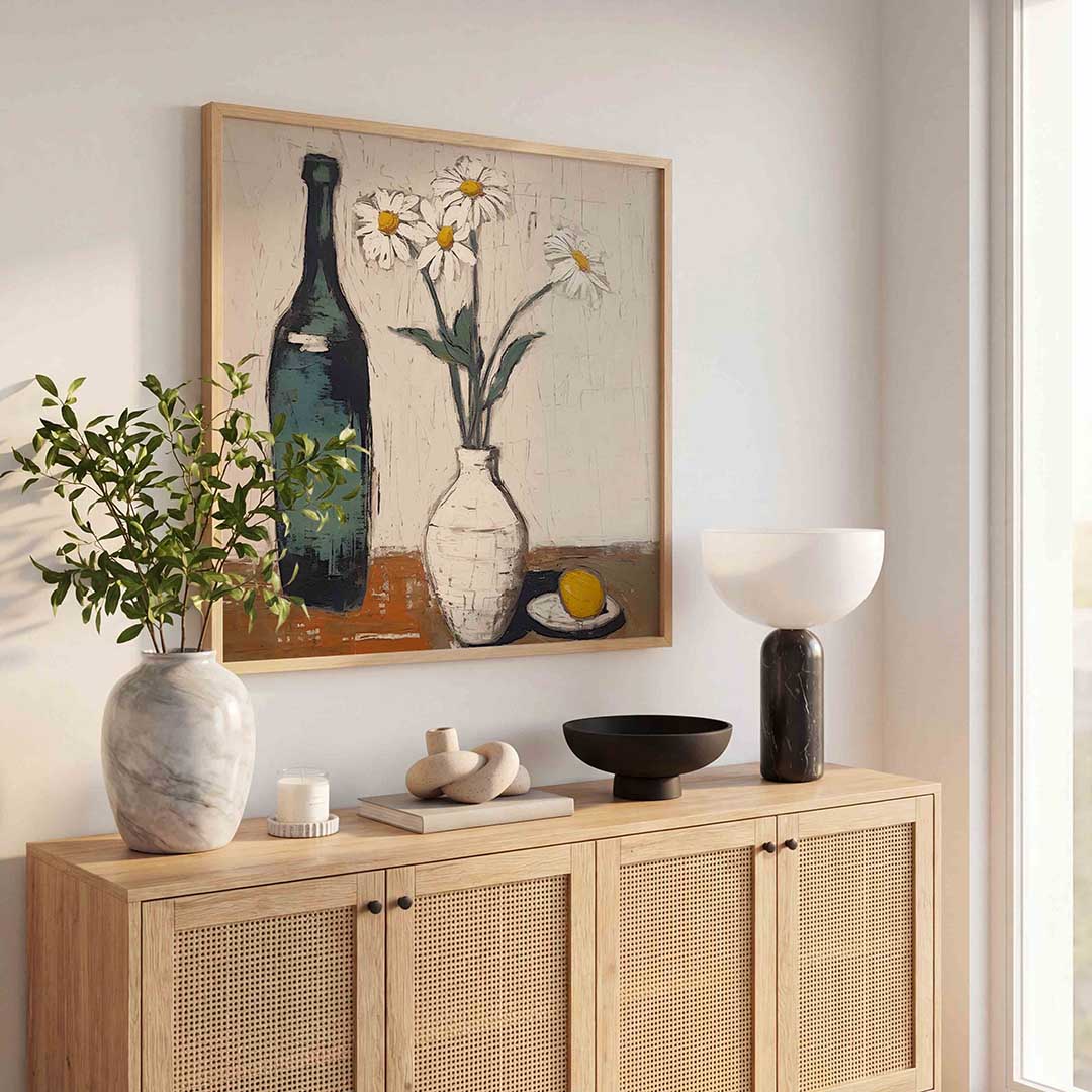 Fles en bloemen – kleurrijke poster in vierkant formaat