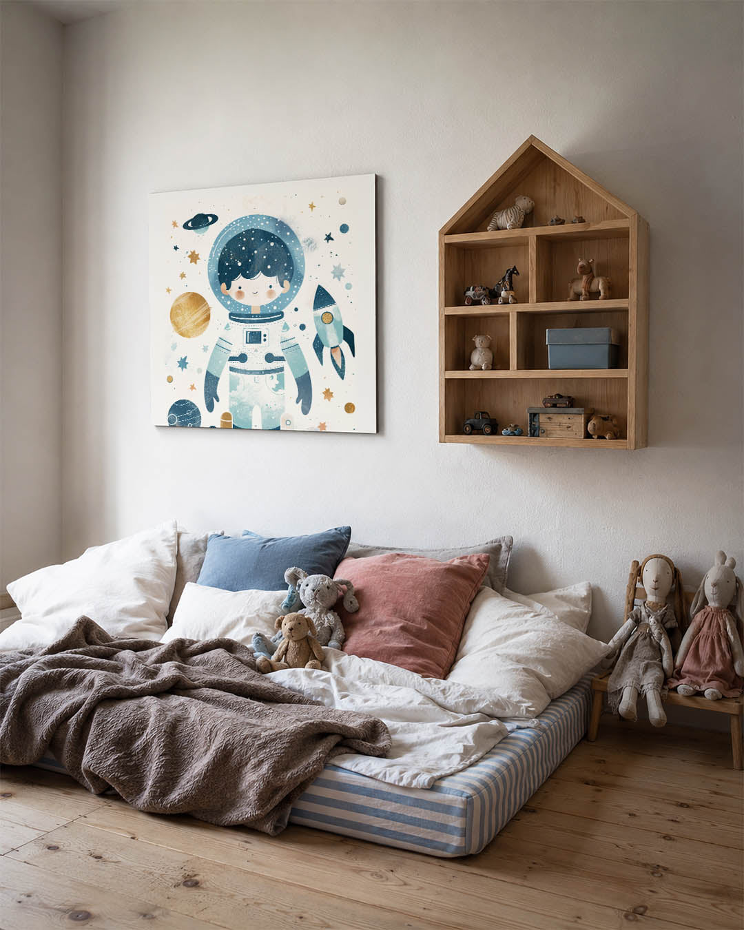 Speelse ruimte illustratie kunstwerk – derde productweergave – dit werk toont een vrolijke figuur omringd door hemellichamen.