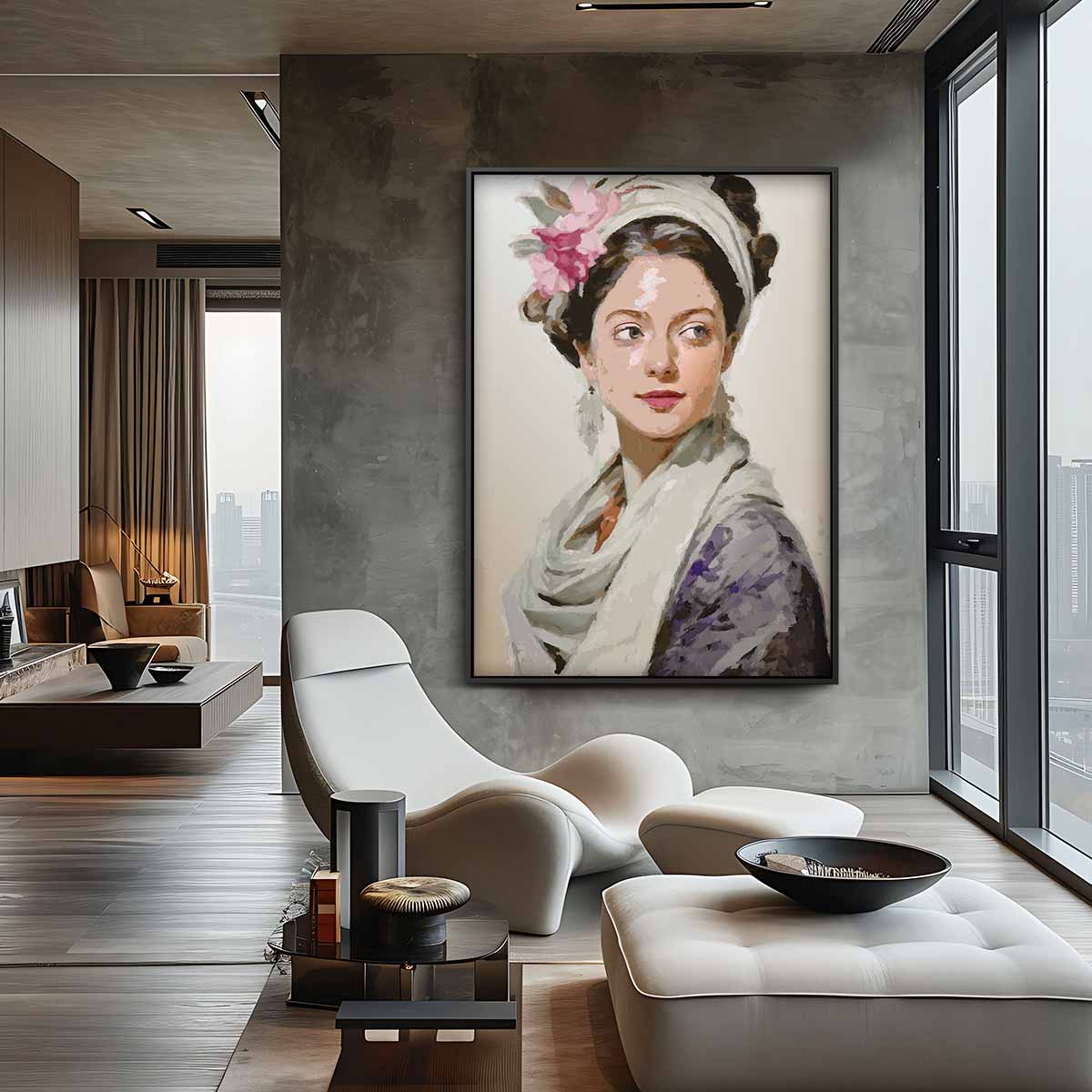 Elegant portret van vrouw met bloem – staand kunstwerk voor modern interieur