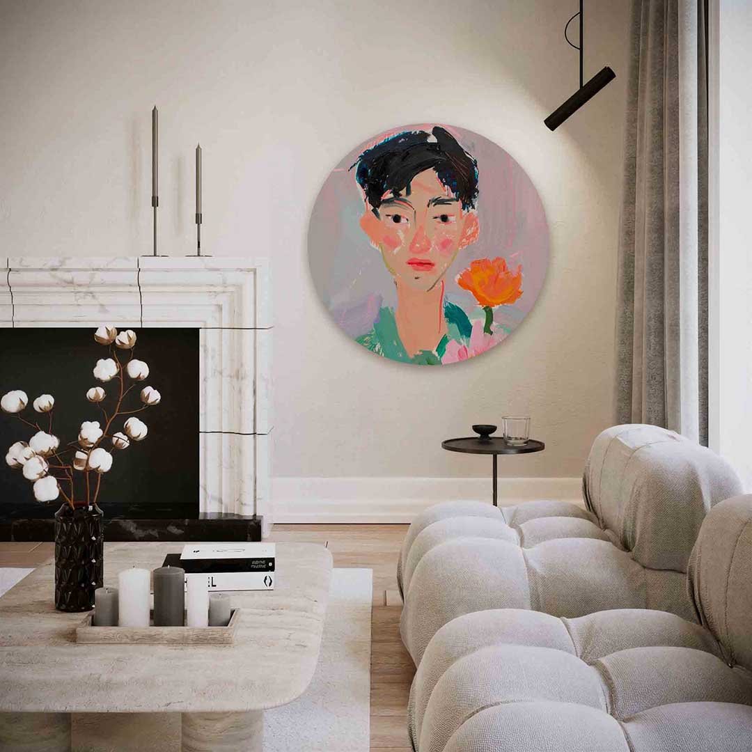Portret met bloemen – kleurrijke illustratie muurcirkel als wanddecoratie
