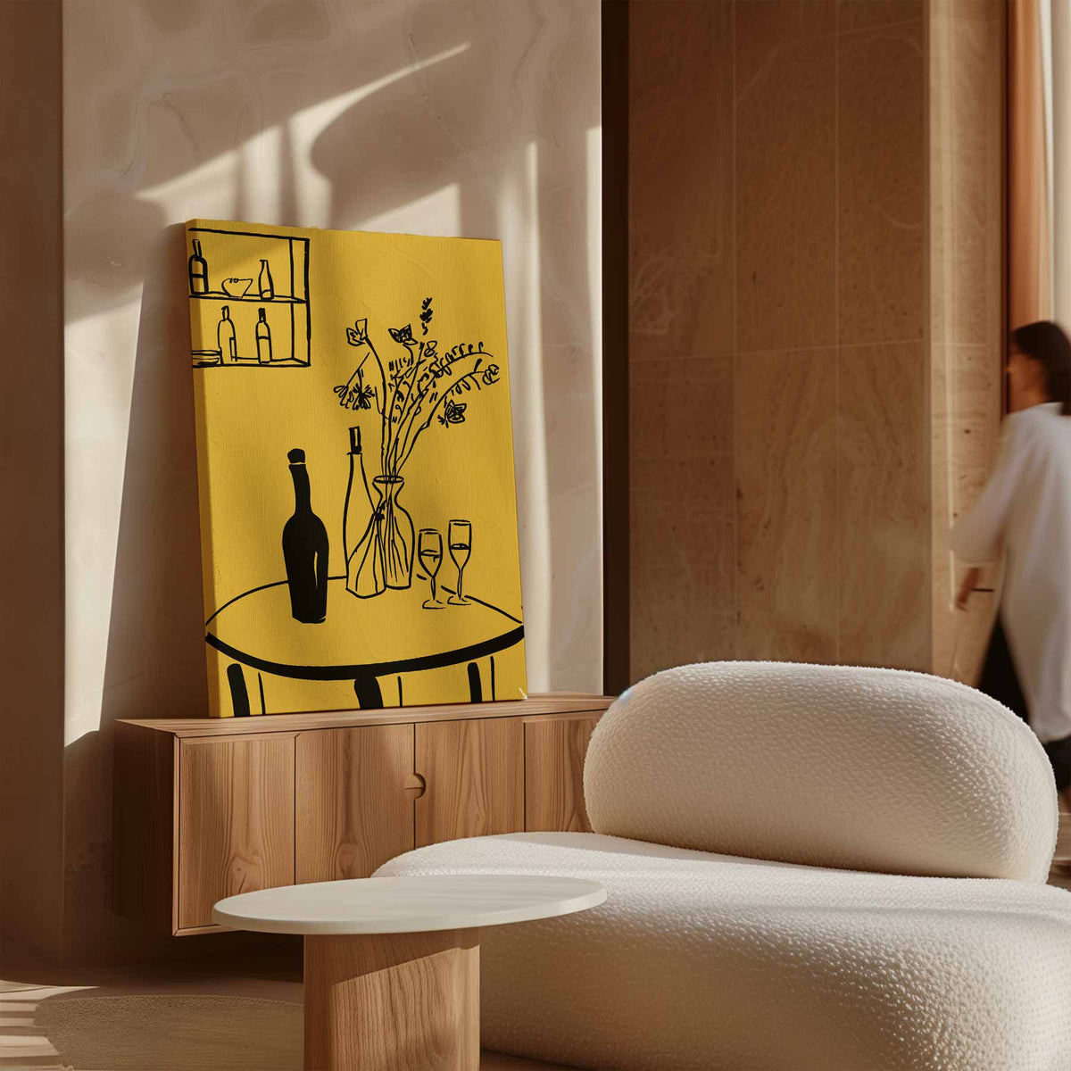 Lijnkunst Stillleven op Gele Achtergrond – staand kunstwerk voor modern interieur