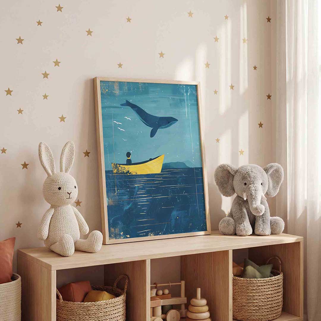 Walvis en boot – staande kinderkamer wanddecoratie van WallArtistic