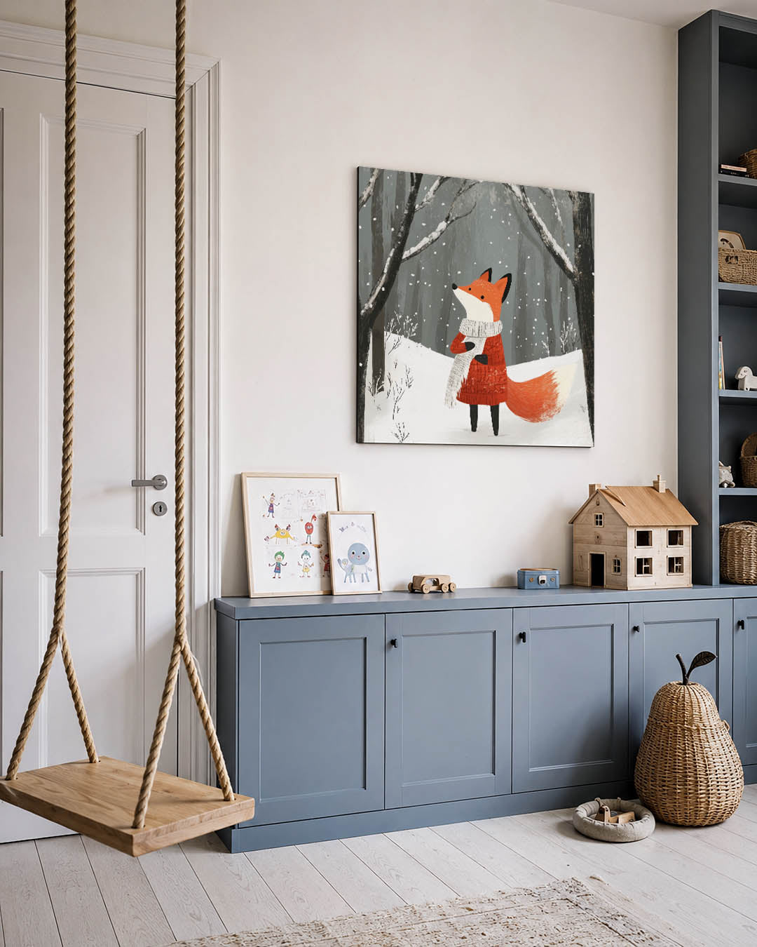 Dromerige wintervos kunstwerk – vierkante wanddecoratie – een charmante vos in een winterlandschap, omgeven door besneeuwde