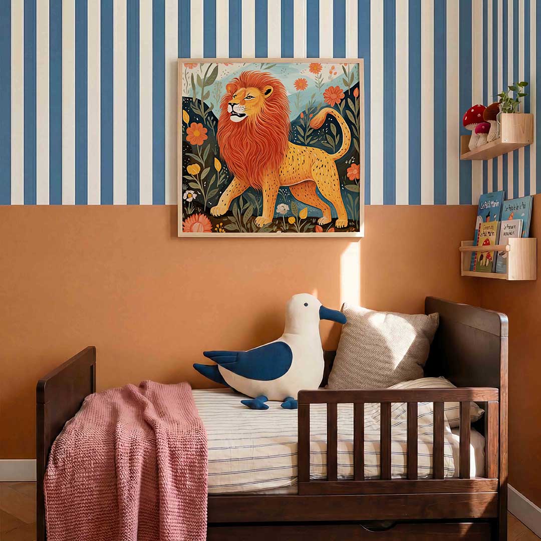 Leeuw in bloemen – kids poster in vierkant formaat