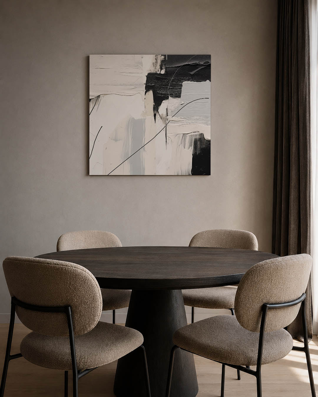 Compositie van lijnen kunstwerk – tweede productweergave – dit werk toont een spel van dikke penseelstreken in zwart en wit