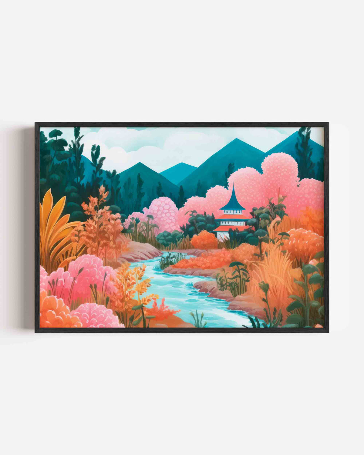 Landschap met rivier en pagode – moderne landscape poster als wanddecoratie