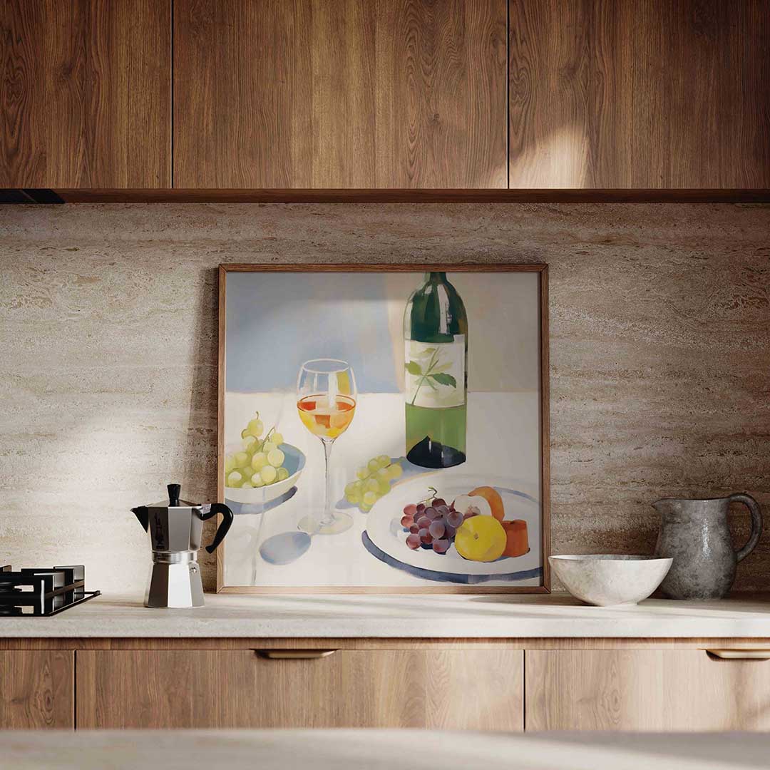 Stilleven met fruit en wijn – culinaire wandkunst als vierkante poster