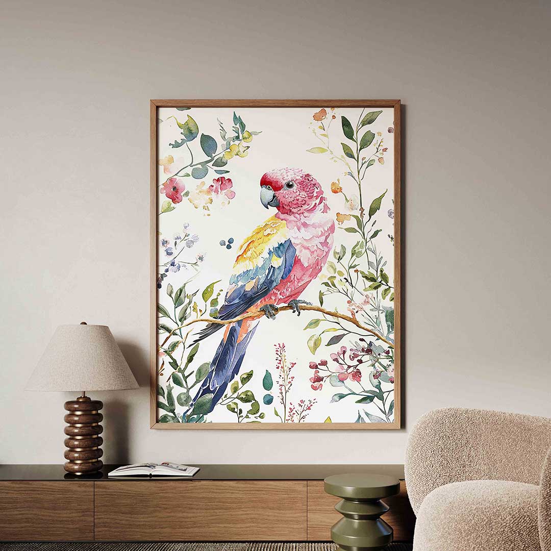 Papegaai en bloemen – tropische jungle poster in staand formaat