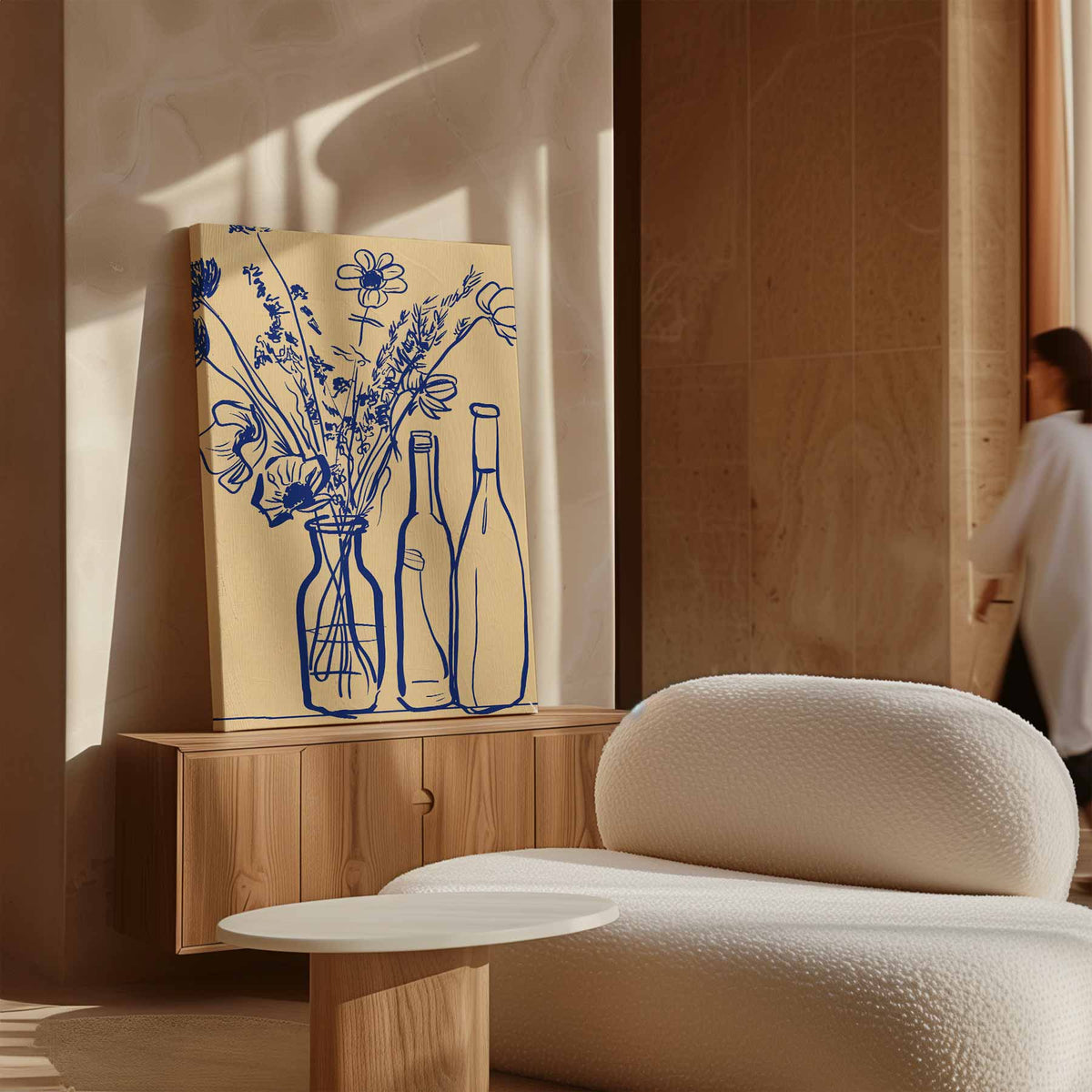 Blauwe Bloemen in Flessen Schilderij – staand kunstwerk voor modern interieur