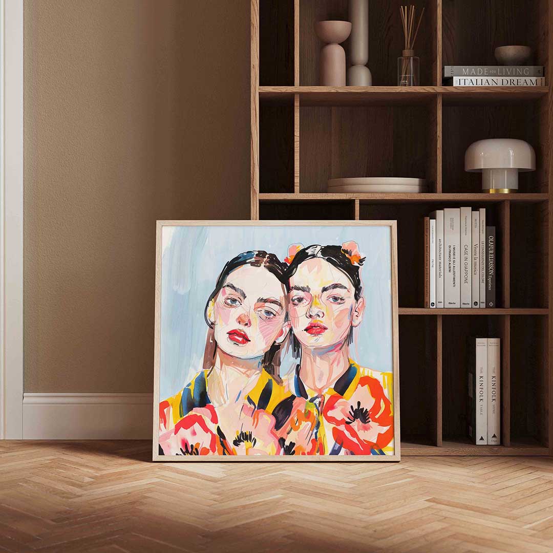 Twee figuren met bloemen – portret poster in vierkant formaat