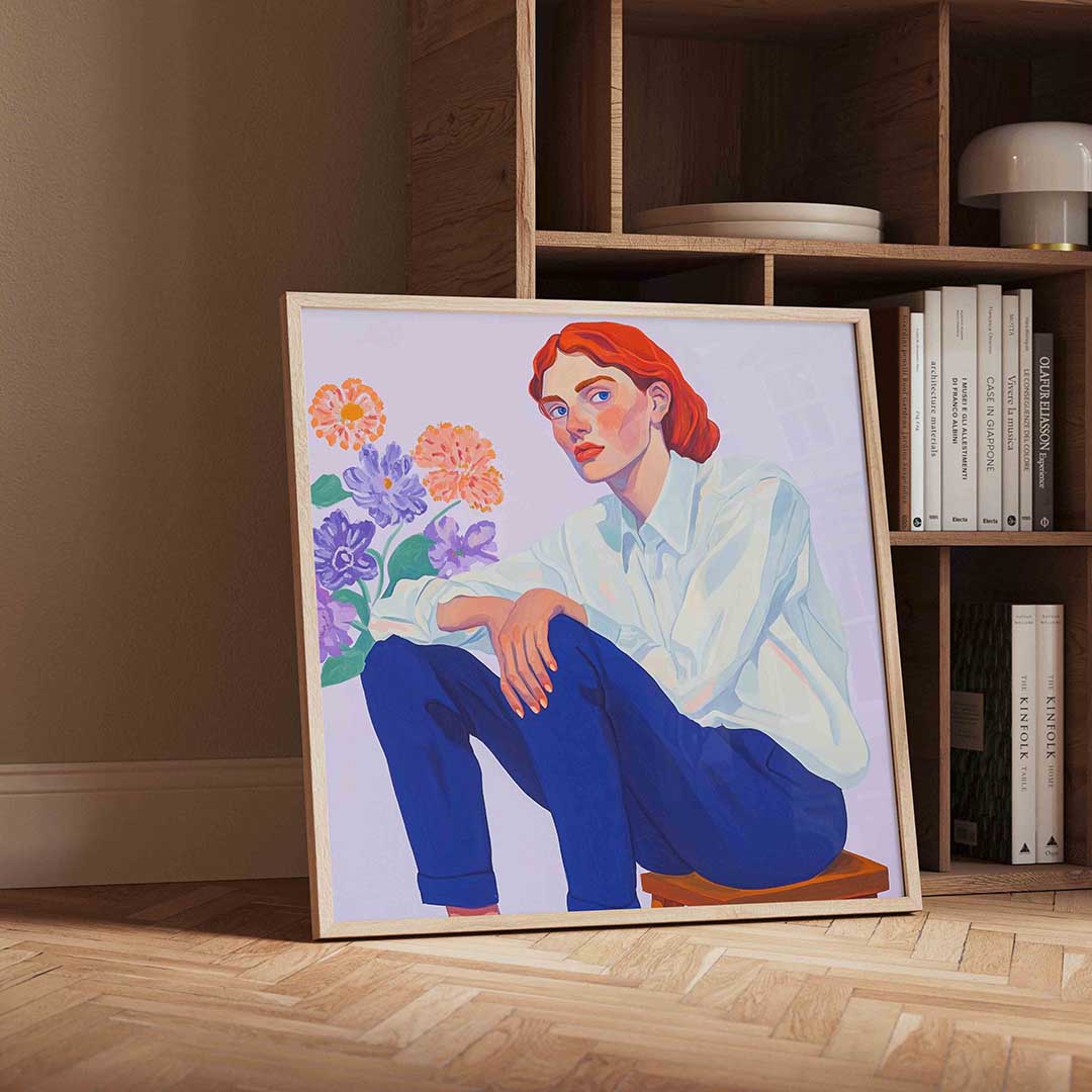 Vrouw met bloemen – vierkante moderne wanddecoratie van WallArtistic
