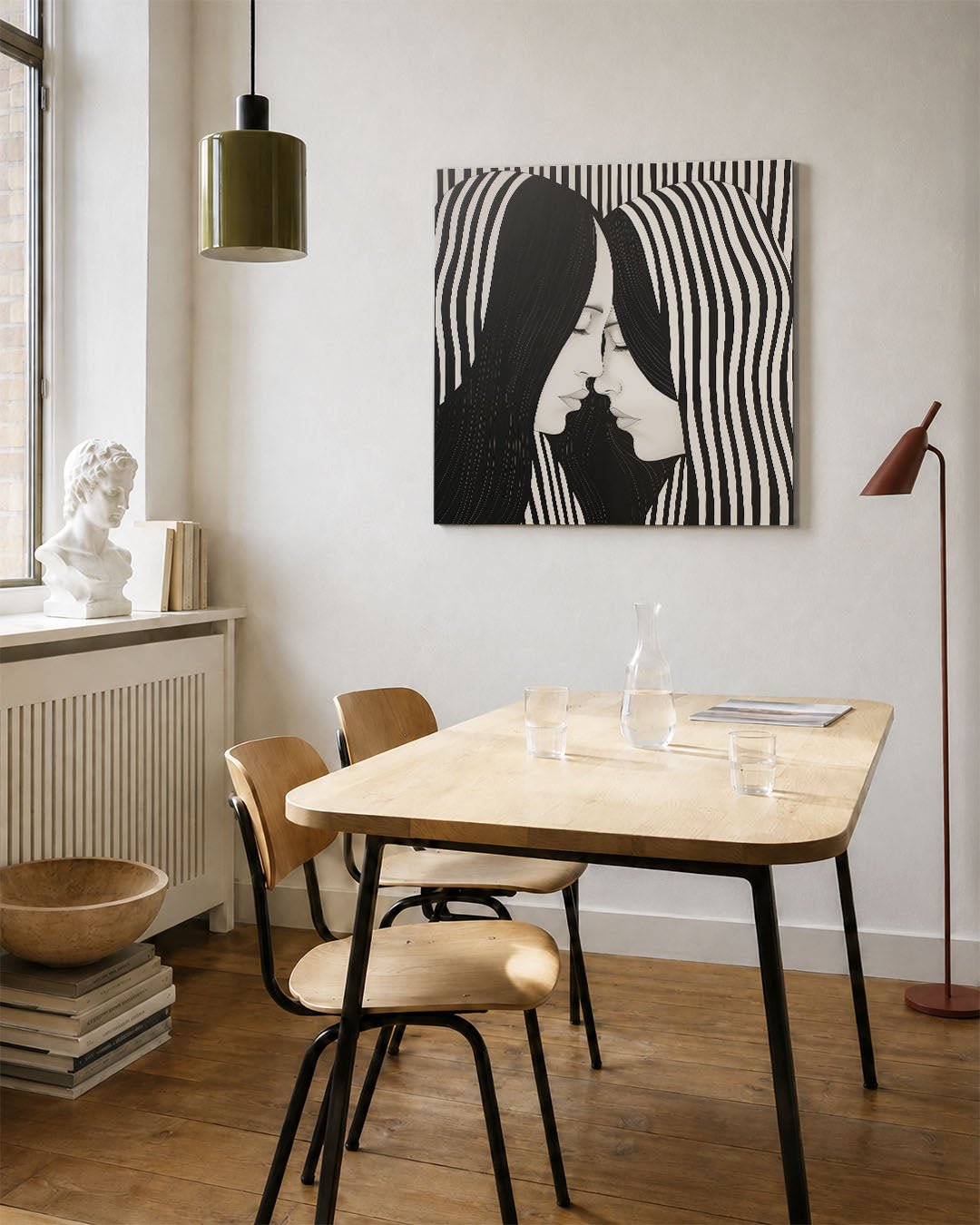 Twee gezichten lijnen kunstwerk – vierkante wanddecoratie – dit werk toont twee gezichten die elkaar bijna raken, omlijst