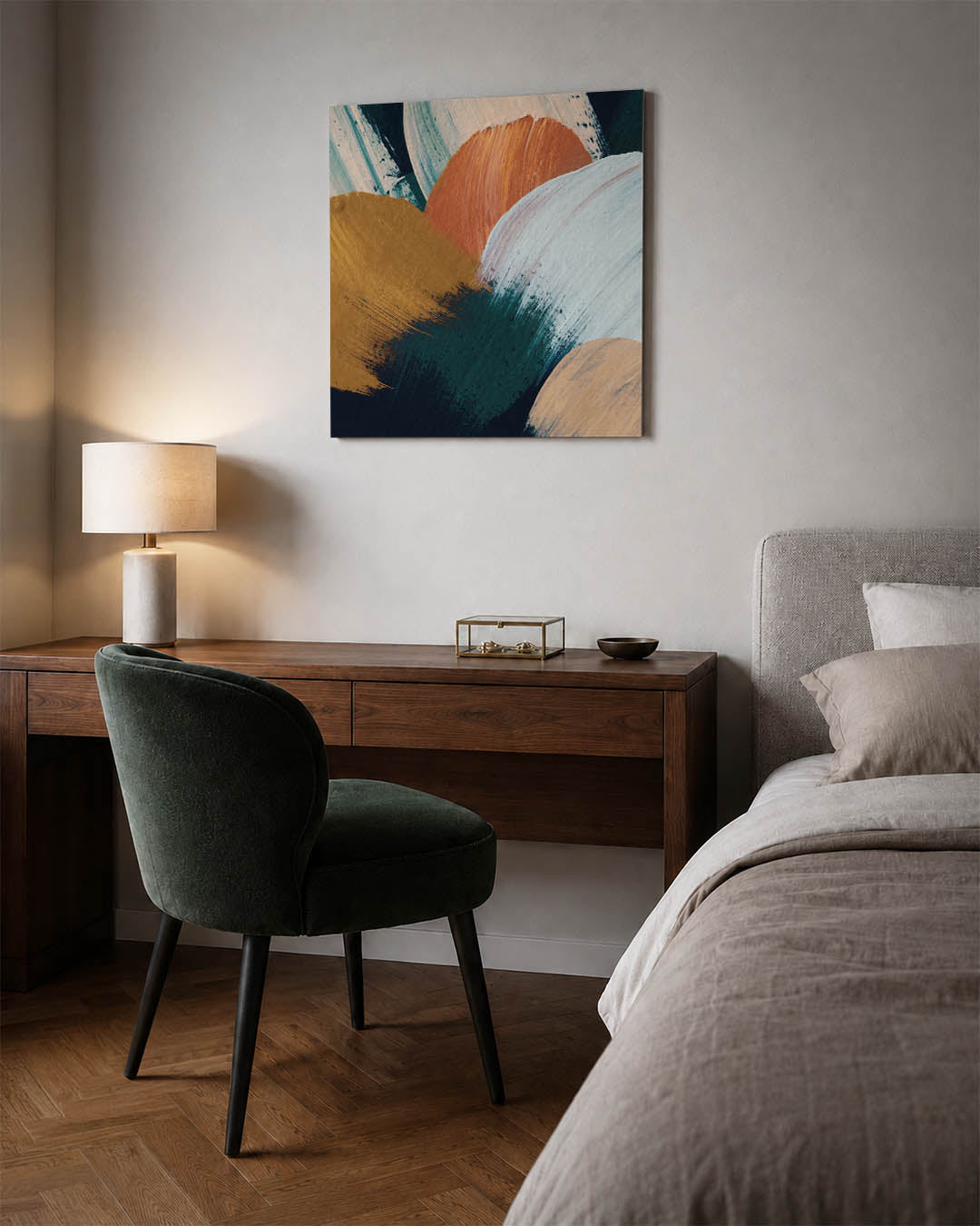 Kleurencompositie kunstwerk – materiaalweergave – dit werk toont een levendige mix van vloeiende penseelstreken in blauw