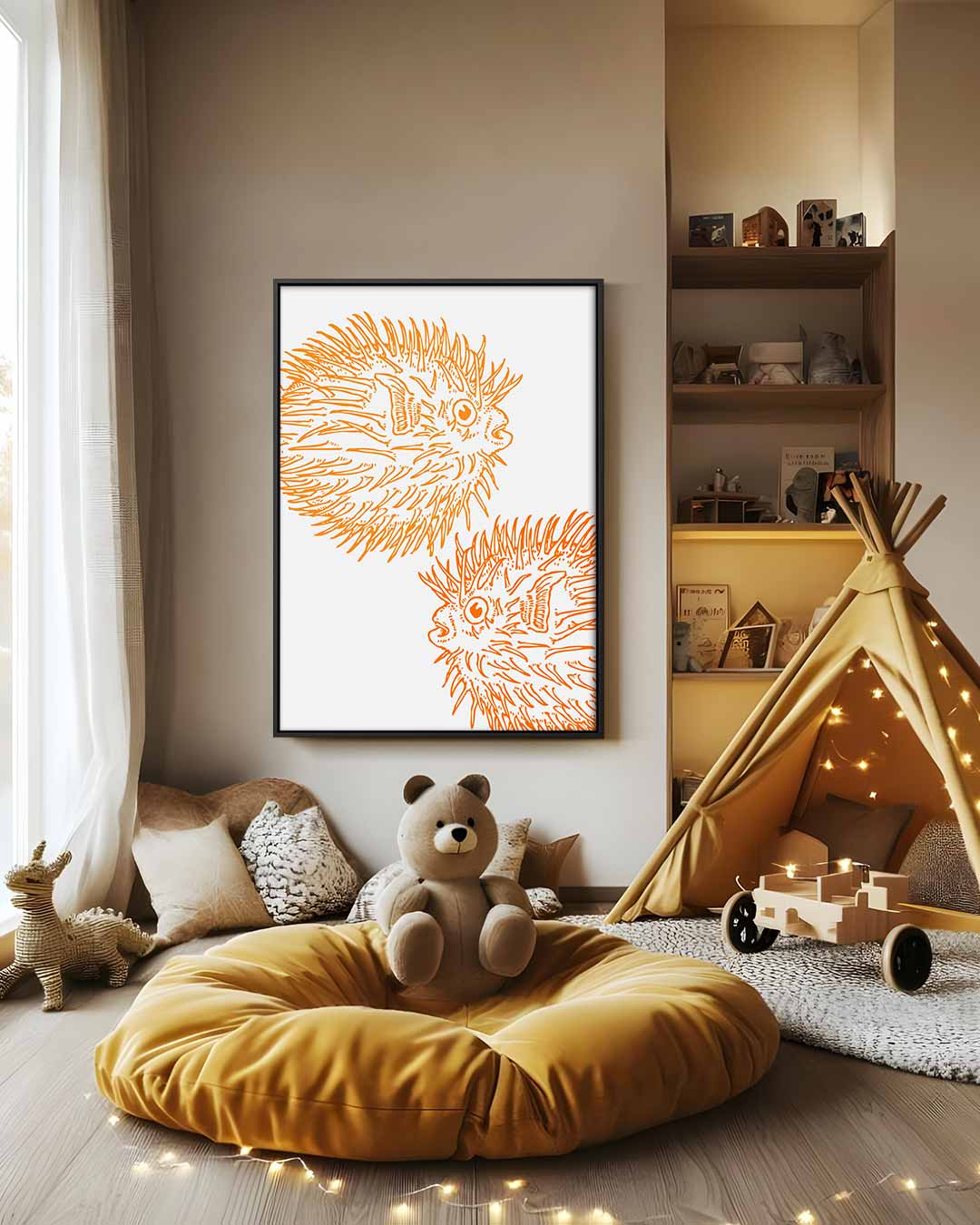 Opvallende Oranje Kogelvis Illustratie – dibond wanddecoratie in staand formaat