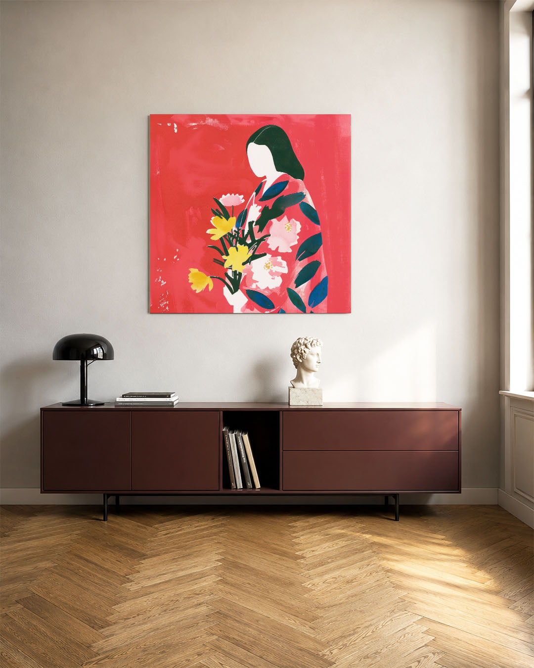 Vrouw met bloemen kunstwerk – tweede productweergave – dit werk toont een silhouet van een vrouw met bloemen tegen een
