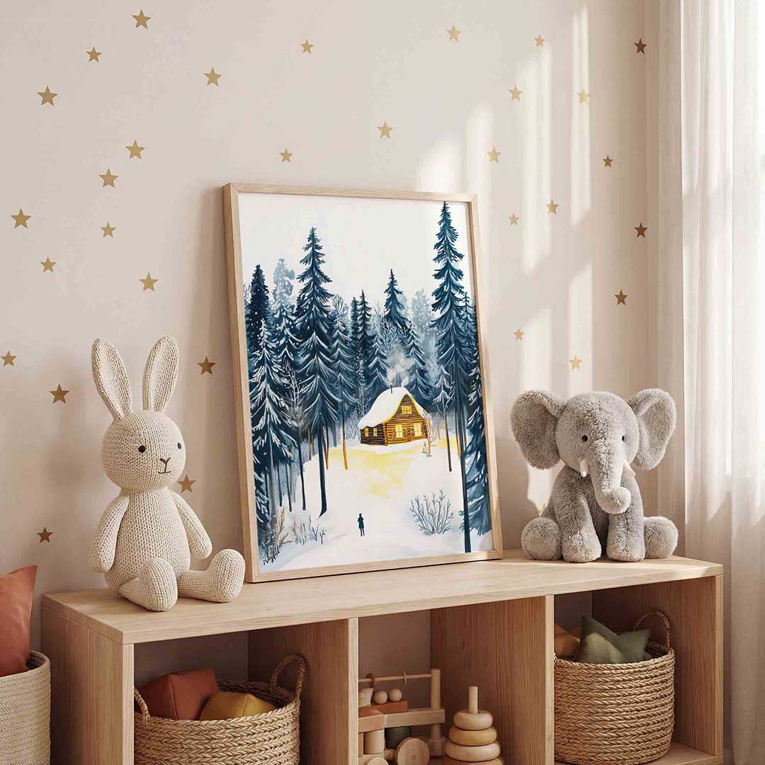 Winterlandschap met huis – staande kinderkamer wanddecoratie van WallArtistic