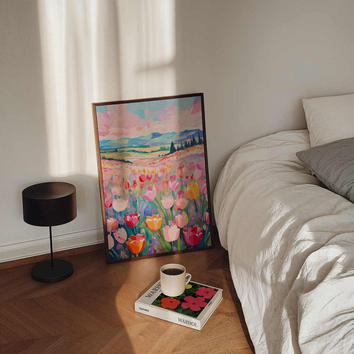 Vrolijke Tulpenweide – staande bloemen wanddecoratie van WallArtistic