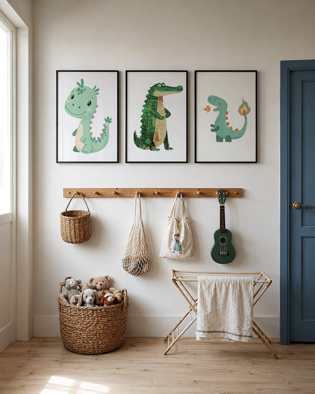 Vrolijke illustratie posterset – detailweergave – een speelse groene figuur met oranje accenten blaast een