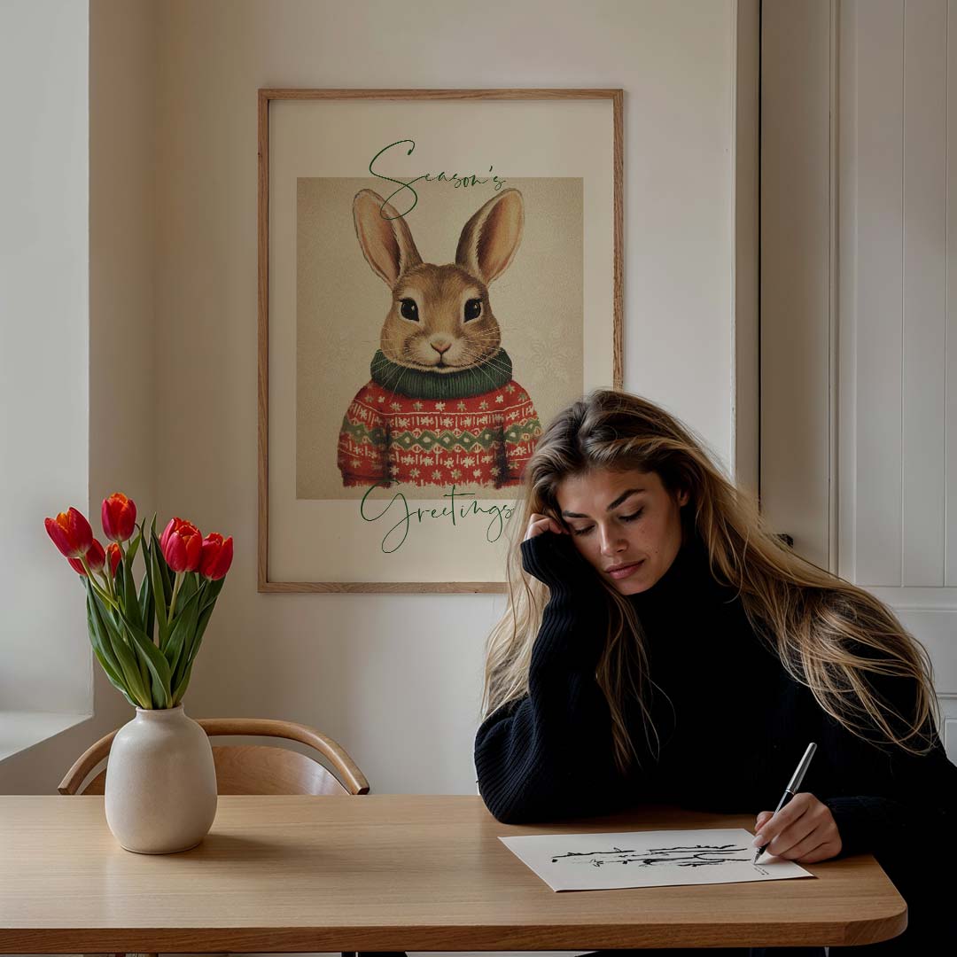 Konijn met Trui – feestelijke wandkunst als portret poster
