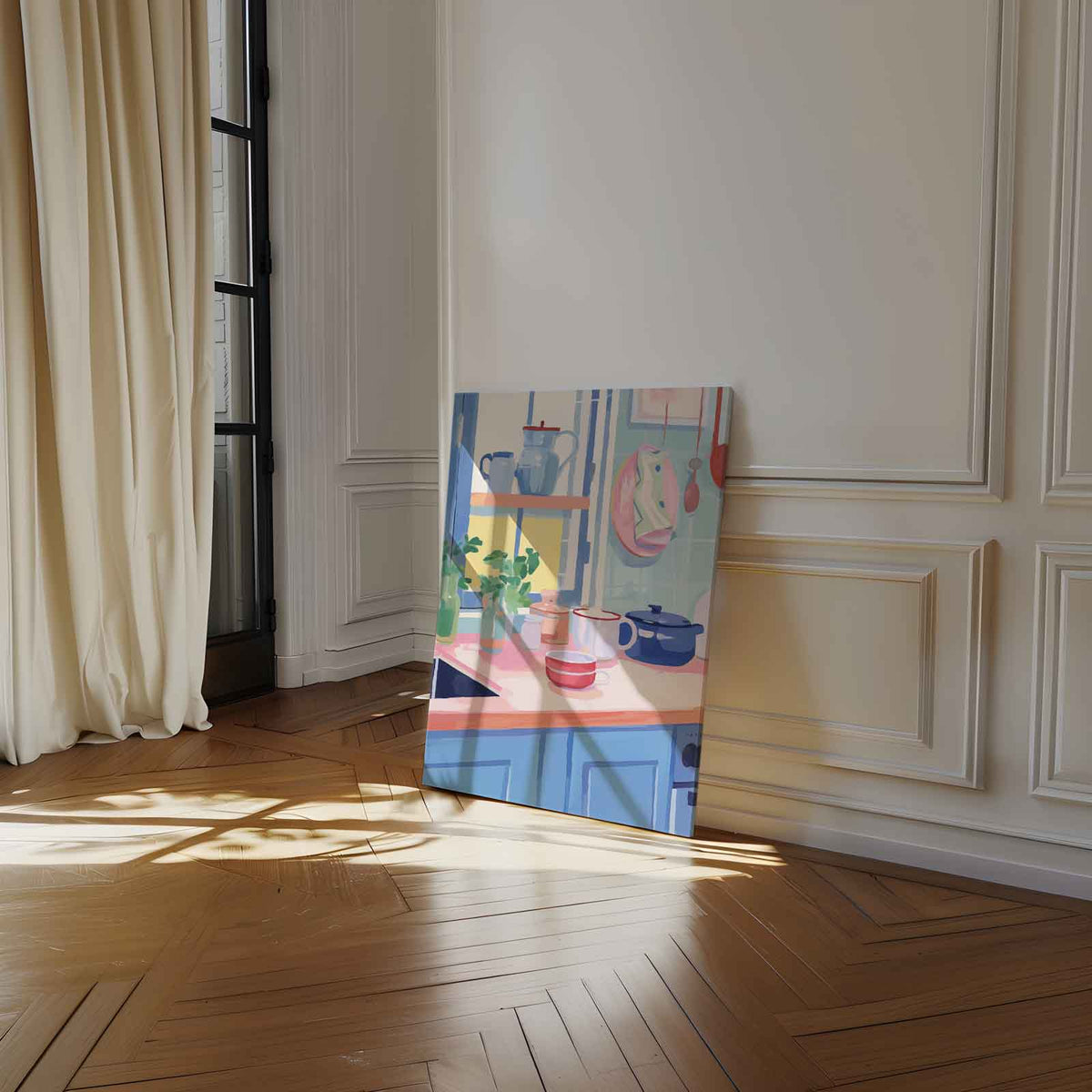 Vrolijk Keukenhoekje in Pasteltinten – staand kunstwerk voor modern interieur