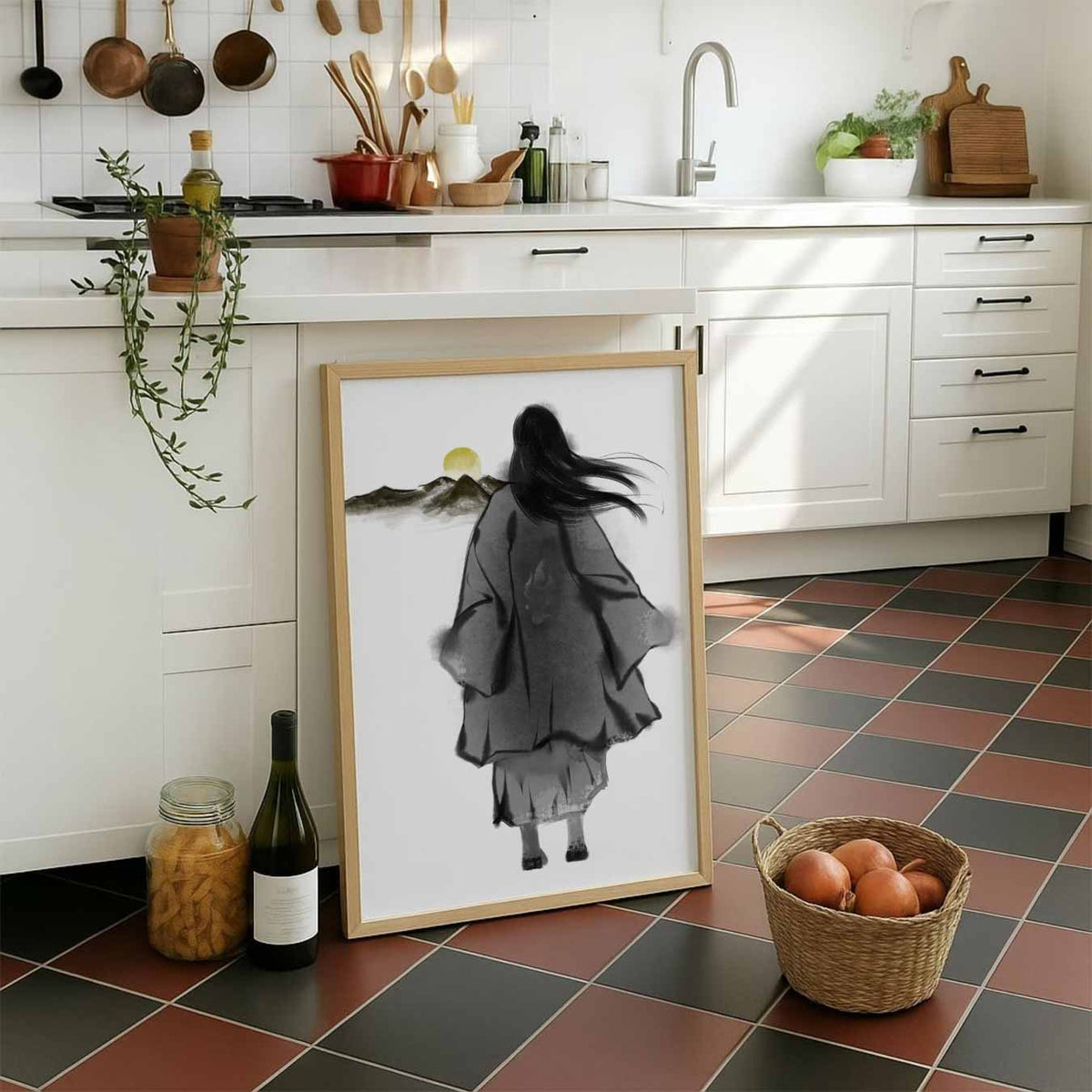 Vrouw met Kimono bij Zonsondergang – staande muurposter met zomerse uitstraling