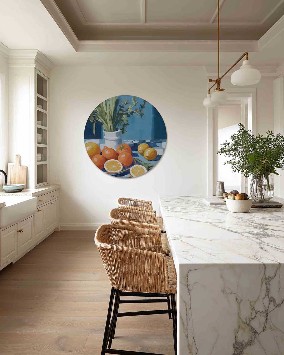 Citrus en kruiden – abstracte muurcirkel als ronde wanddecoratie