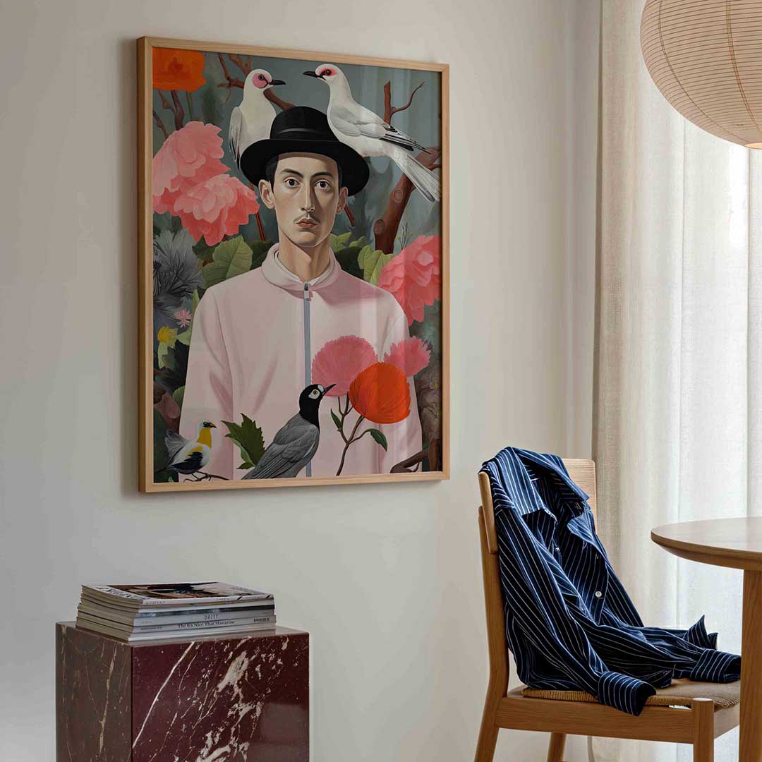 Man met vogels en bloemen – kleurrijke illustratie poster in staand formaat