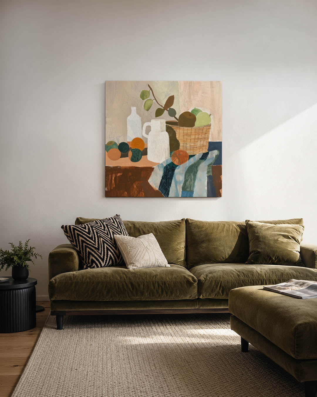 Fruit en vormen kunstwerk – derde productweergave – dit werk toont een stilleven met fruit en objecten. De compositie bestaat