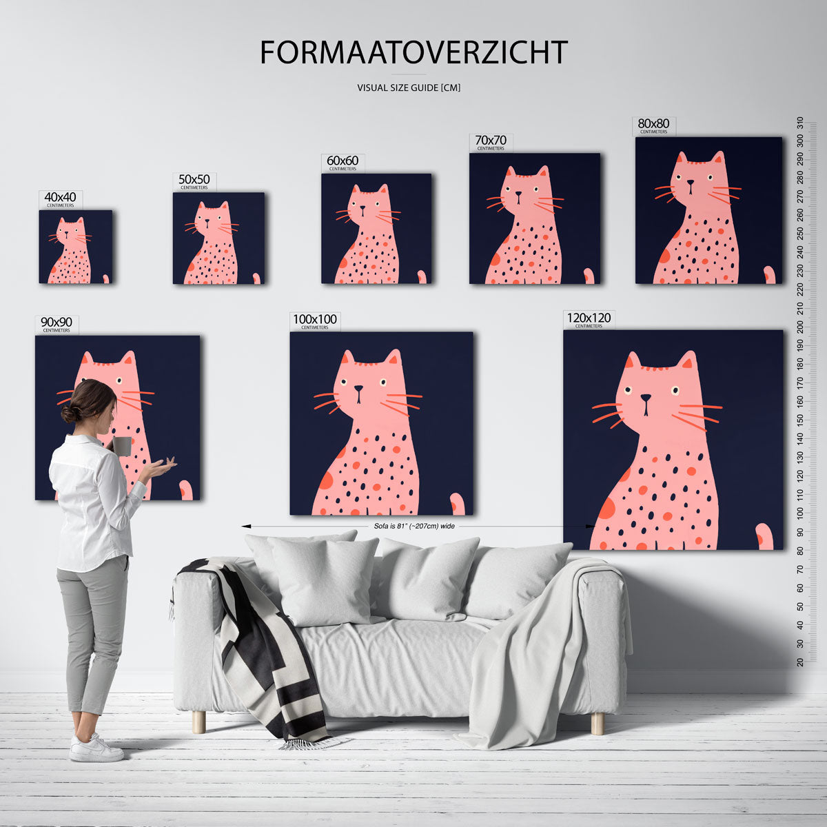 Roze kat – vierkante muurposter voor de kinderkamer