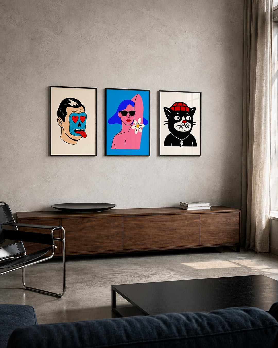 Kleurrijke gezichtsillusie posterset – tweede productweergave – een afbeelding met een gezicht bedekt door een blauw masker