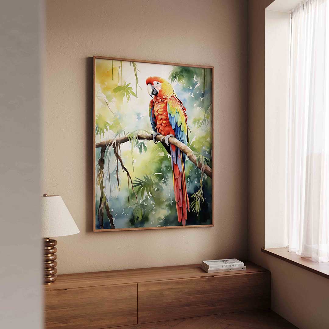 Papegaai op tak – tropische wandkunst als portret poster