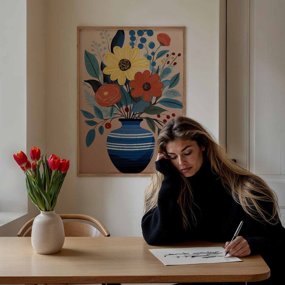 Bloemige Vaas Illustratie – bloemen poster als moderne staande wanddecoratie