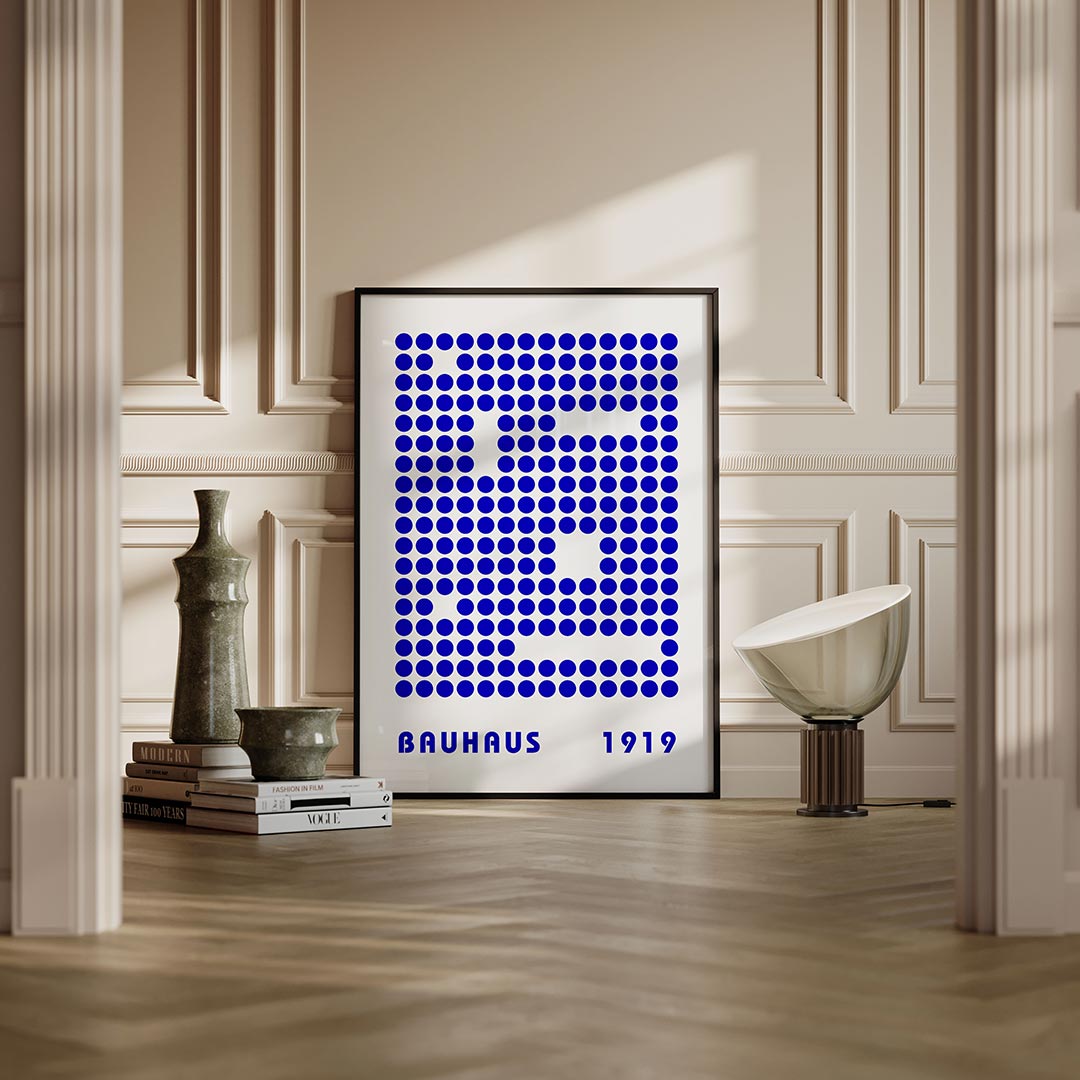 Puntstructuur blauw – moderne Bauhaus wandkunst als poster